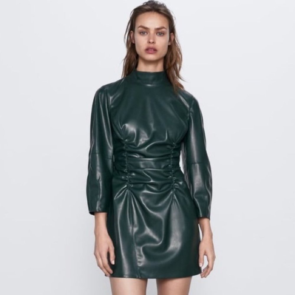 Zara Draped Soft Green Faux Leather Mock Neck Blogger Fav Mini Dress Sz. S